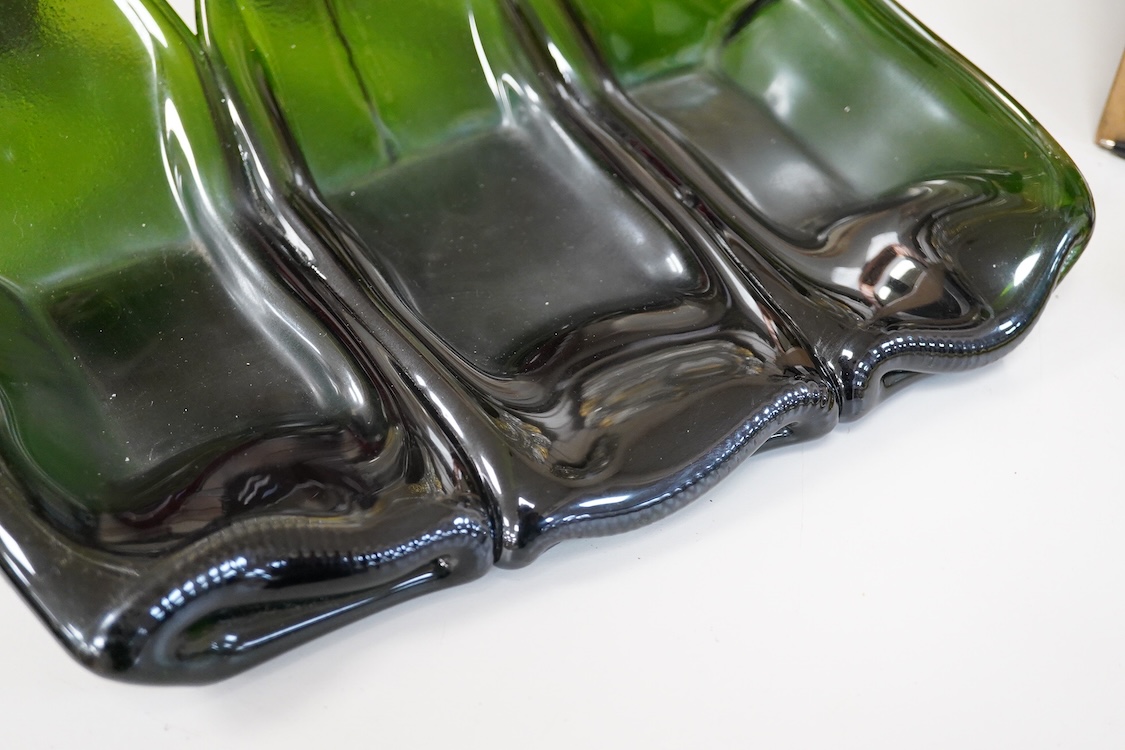 A Mary Canny green art glass, three sectioned ‘Champagne tray’, 29.5cm deep x 30.5cm wide